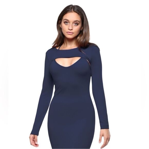 Charlotte Russe Dresses & Skirts - Charlotte Russe Midi Sheath‎ Dress XS Navy Blue Long Sleeve Y2K Cut Out Bodycon